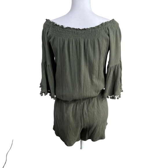 RAGA Romper Off The Shoulder Bell Sleeve Tassels Green Viscose Women's Size M - Picture 4 of 11